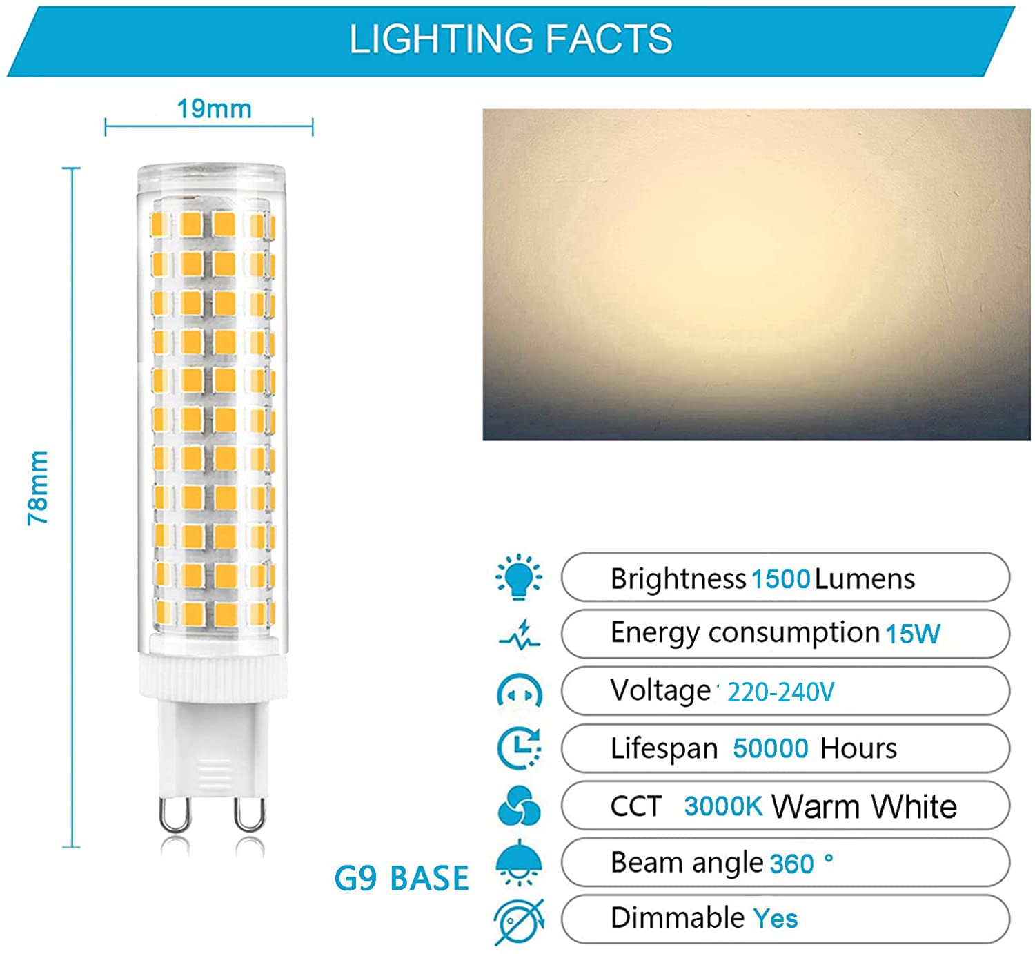 G9 Bombillas LED Regulable, 15W (equivalente a halógeno de 120W) 1500LM 136LED Beads AC 220V Bombilla de maíz LED para lámpara de araña Iluminación del hogar, Haz de 360 grados,Warm white,6 Pack