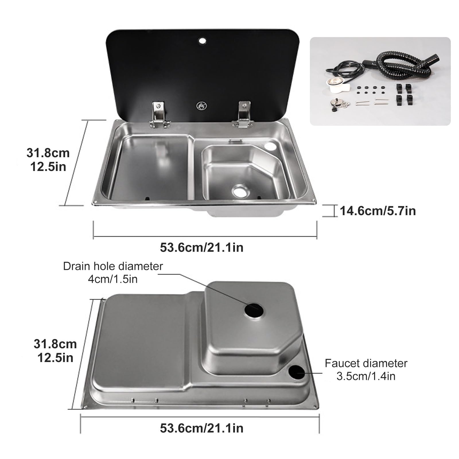 Fregadero para Autocaravana, Fregadero de Cocina de Acero Inoxidable con Tapa de Vidrio Templado, Grifo Plegable, Kit de Desagüe, para Caravana, Barco, Minicasa