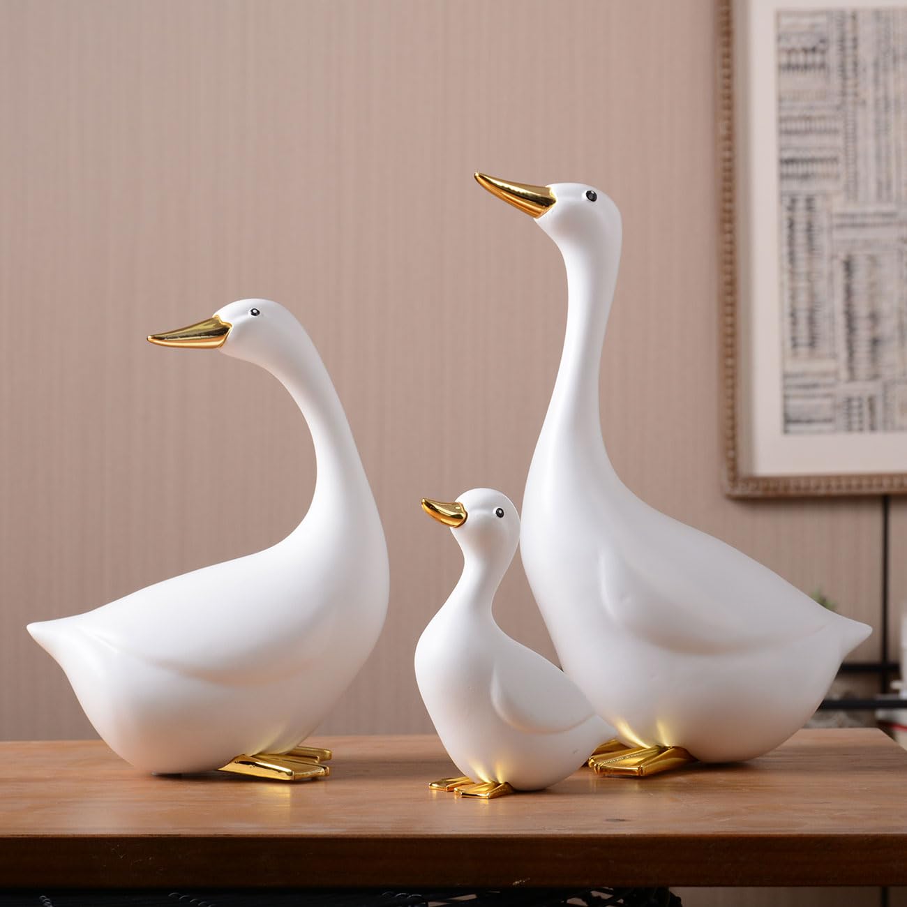 Pato Escultura Figura Animal Estatua Moderno Arte Decoración 25cm | Resina Blanco Hogar Adorno Interior Artesanal Festivo Regalo para Estanterías Escritorio Mesa