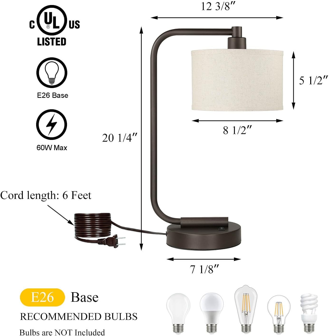 XiNBEi Lighting Table Lamp for Bedroom with USB Port, Modern Bedside Lamp with Linen Fabric Shade, Nightstand Light for Living Room Reading Office, Dark Bronze Finish XB-TL1226-DB