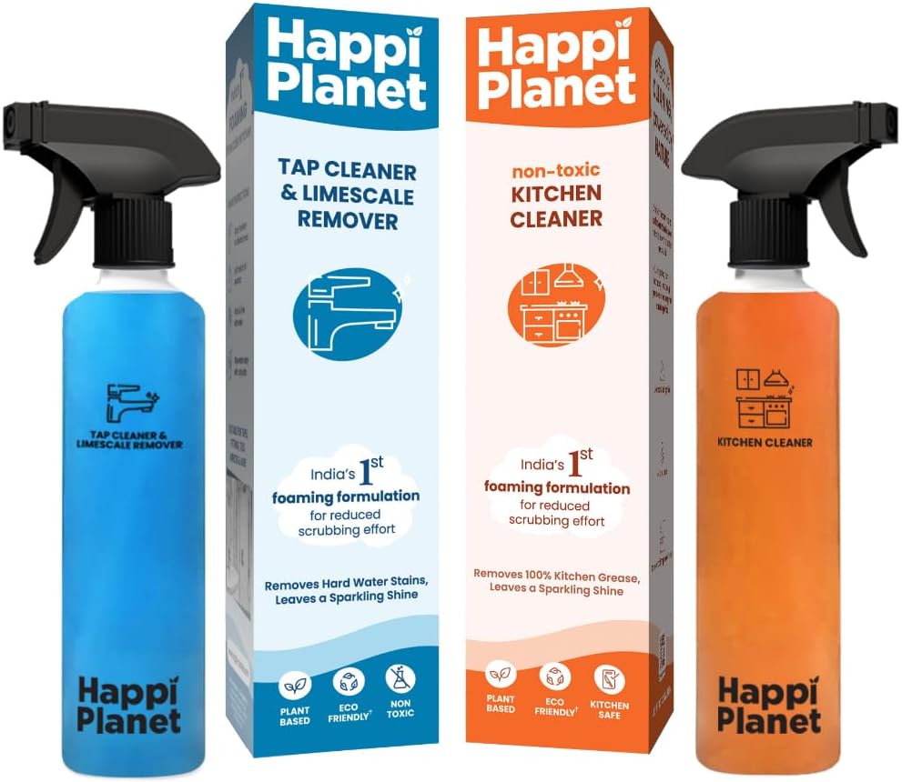 Happi Planet | Limescale Remover & Kitchen Cleaner Combo | India’s 1st Foaming Solution for Reduced Scrubbing | Suitable for Stove, Chimney, Exhaust Fan & Bathroom Fixtures, Tiles, Mirrors | 500ml x 2