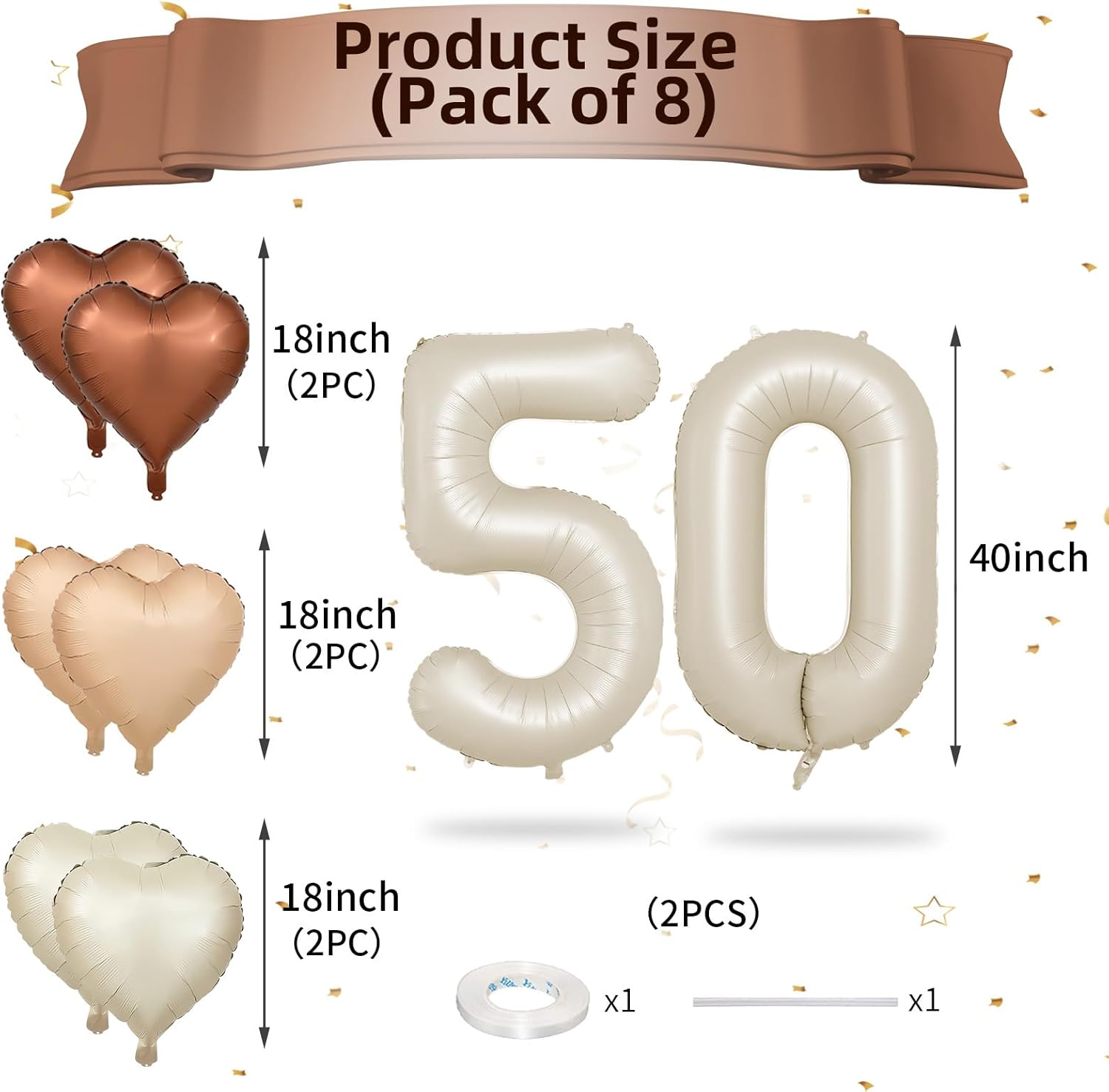 Biapian 40 Inch Cream Number 50 Balloons, 8PCS Large Foil Number 5 & 0 Balloons with 18'' Cream White Heart Balloon for 50th Year Old Birthday Decorations Men Women Wedding Anniversary Party Supplies - Image 2