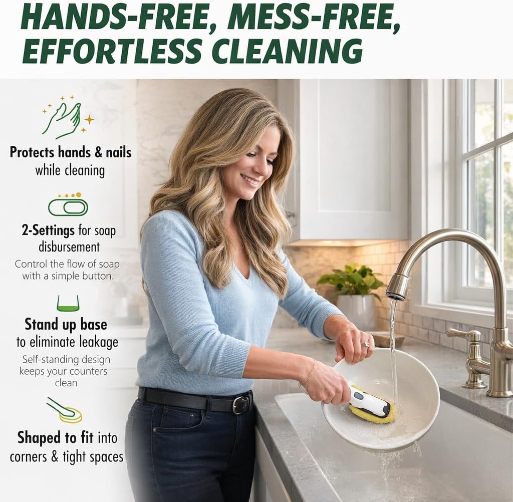 LIBMAN Dishmatic® Dish Wand - Soap Dispensing Dish Brush with Soap Dispenser - Cleaning Scrub Brush with Handle - Refillable Dish Scrubber for Washing Dishes - Stand-Up No-Leak Base image 3