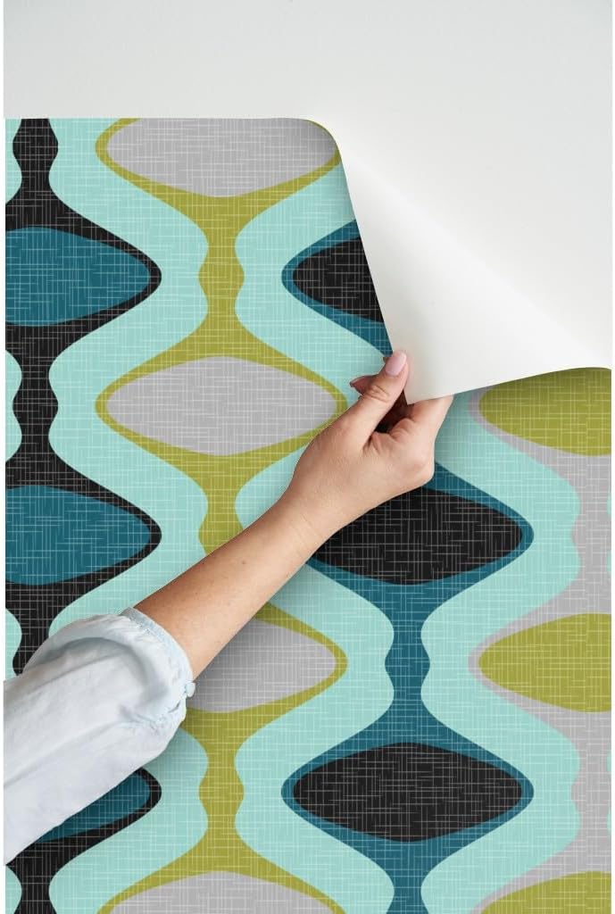 Peel & Stick Wallpaper 9ft x 2ft - Mid Century Modern, Ogee, 1960S, Stripe, Teal, Olive, Aqua, Retro, Vintage Custom Removable Wallpaper by Spoonflower