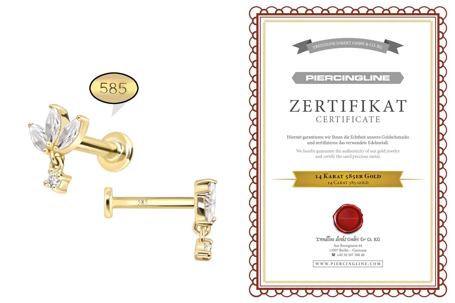 PIERCINGLINE 14 Karat Gold Labret Ohr-Piercing mit Push Fit MOISSANIT-LOTUSBLÜTE 0,16 kt. Farb & Größenauswahl