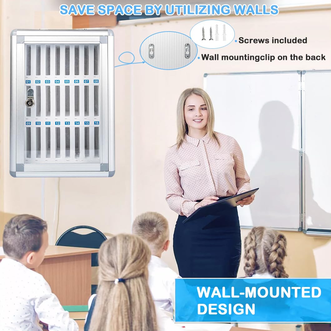 Szafka na Telefony Komórkowe z Aluminium, Montowana na Ścianie, Szafka na Telefony do Klasy, Szkoły, Biura, Egzaminu, Biblioteki, Siłowni z Uchwytami i Zamkiem Bezpieczeństwa (Srebrny, 24 slotów)