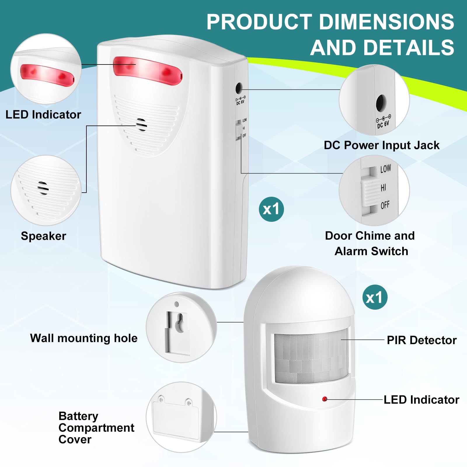 Qualirey Alarma inalámbrica con sensor de movimiento exterior con receptor, sensor infrarrojo resistente a la intemperie, detector de sistema de alerta de negocios de seguridad para interiores (estilo