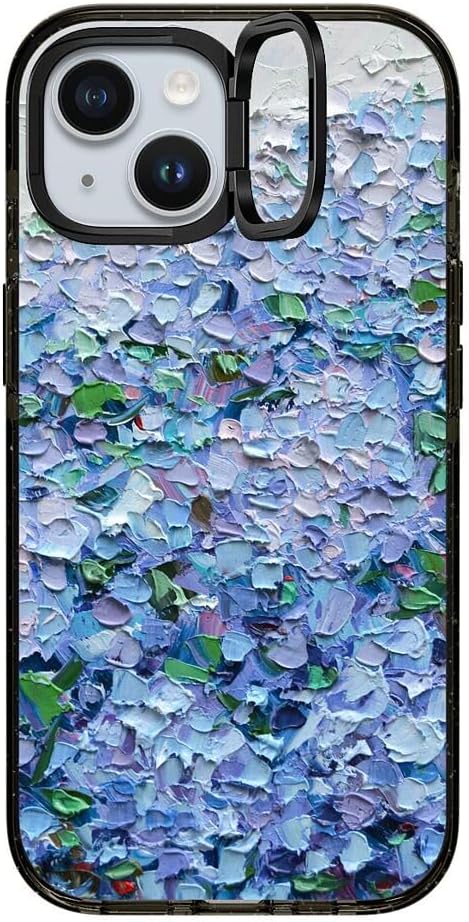 CASETiFY Impact Ring Stand Case for iPhone 15 [3X Military Grade Drop Tested / 6.6ft Drop Protection/Compatible with Magsafe] - Nantucket Blue Hydrangeas - Clear Black