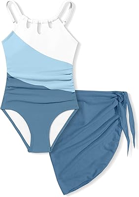 KANGKANG Girls Swimsuit Quick Dry Cut Out One Piece Swimsuits with Tropical Print Cover Up Skirt Bathing Suit Swimwear 7-18Y