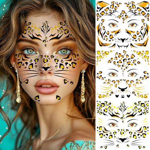 Image of 6 Sheets Glitter Gold Metallic Leopard Print Temporary Tattoos For Face Tattoos Halloween Costume, Realistic Flash Golden Panther Pattern Fake Tattoos Face Makeup Freckles Decals Cosplay Party Favors