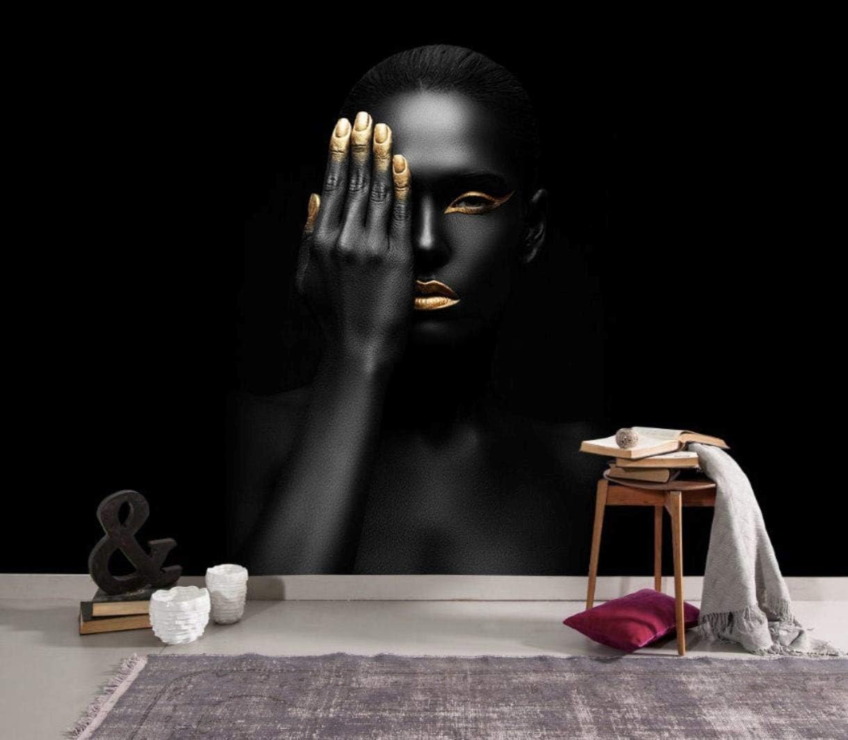 3D Style Black Women Wallpaper, Dark and Gold Artistic Women Wall Poster, Style Wall Mural, Peel and Stick Wallpaper Peel and Stick - Custom Size & Color (3D Style Gold & Black Women)