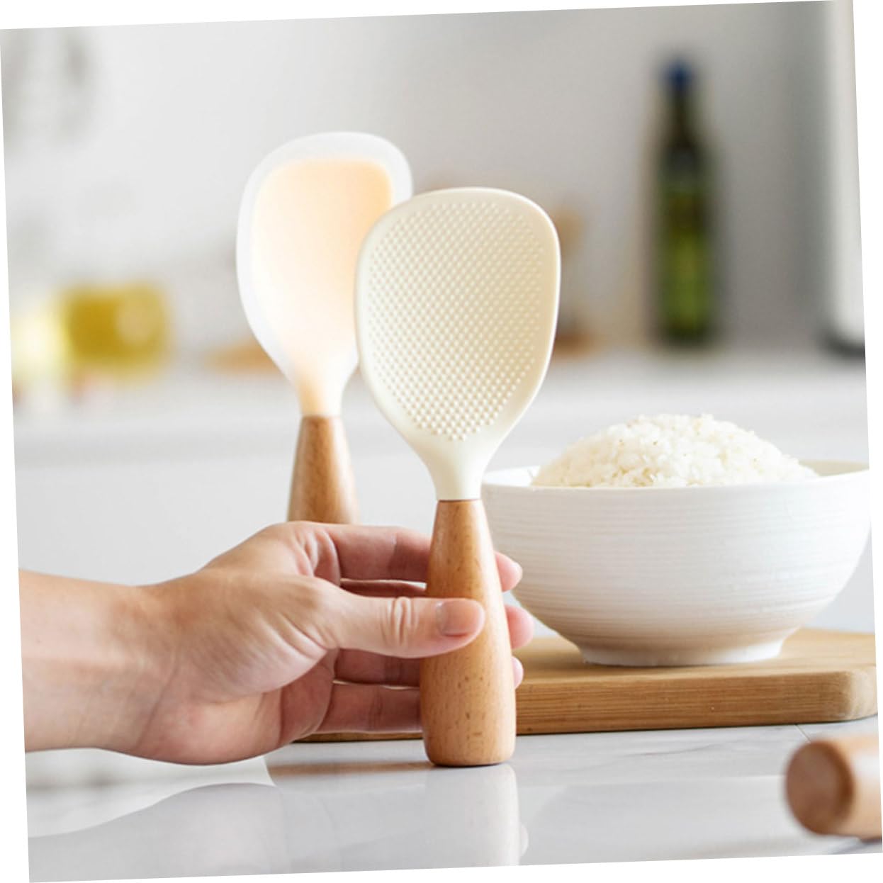 NAMOARLY Rice Spoon Multipurpose Scoop Table Spoon Scoop for Rice Large Spoon Rice Scoop Nonstick Rice Paddle Rice Paddle Spoon Food Scoops Silicone Spoon Non Stick Scoop Wooden White