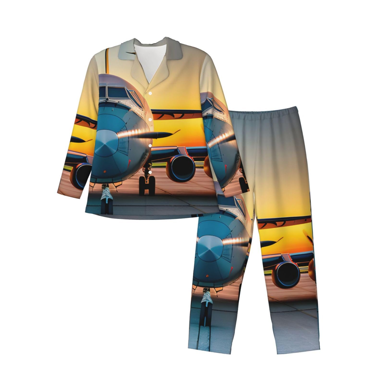 Herren-Pyjama-Set, Motiv: Flugzeug bei Sonnenuntergängen, langärmelig, zweiteilig, bequeme Nachtwäsche