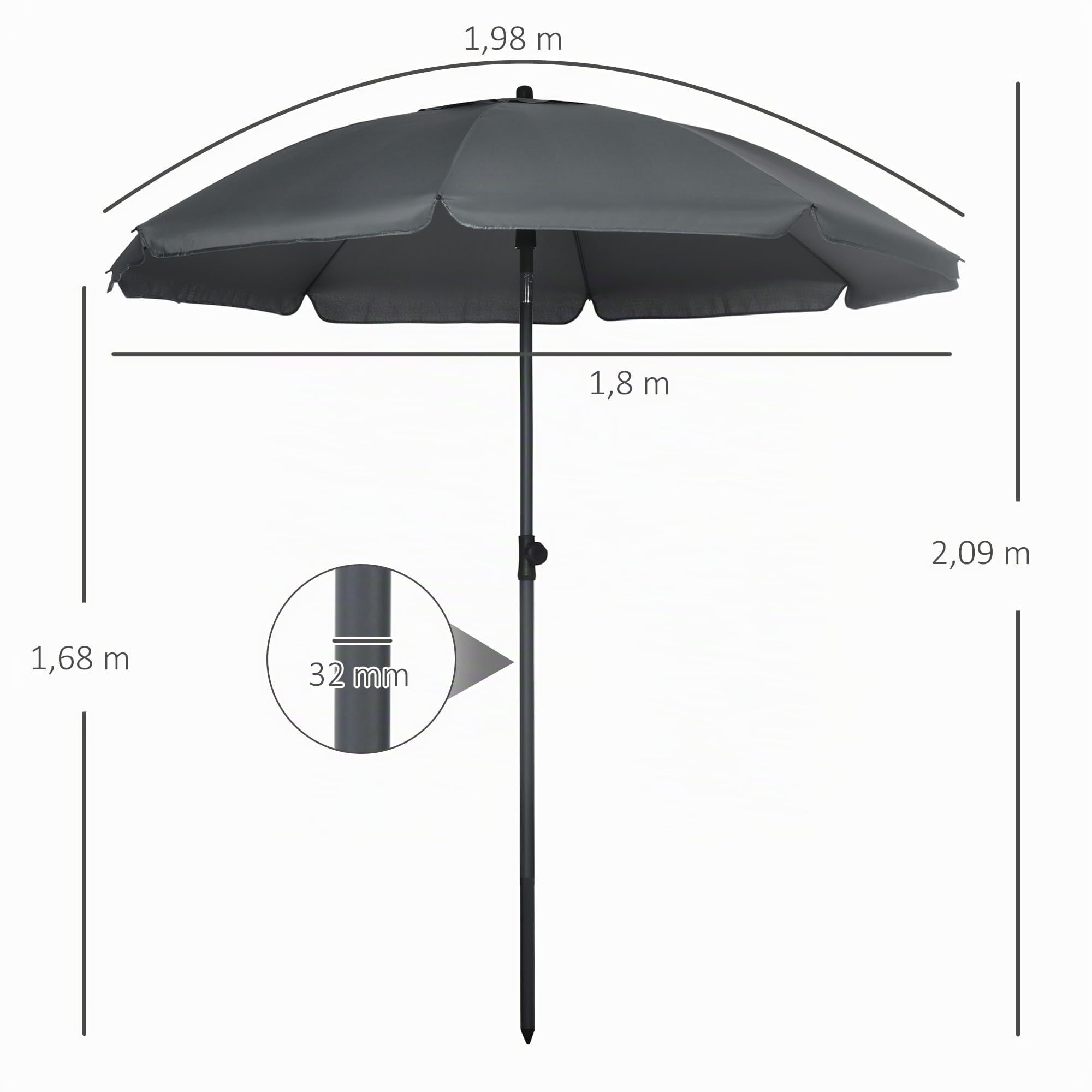 Outsunny Sombrilla de Playa Ø180 cm Toldo Inclinable 45° UV50+ Azul | Sombrilla de Terraza Exterior Grande, Impermeable, Mástil de Ø32 mm