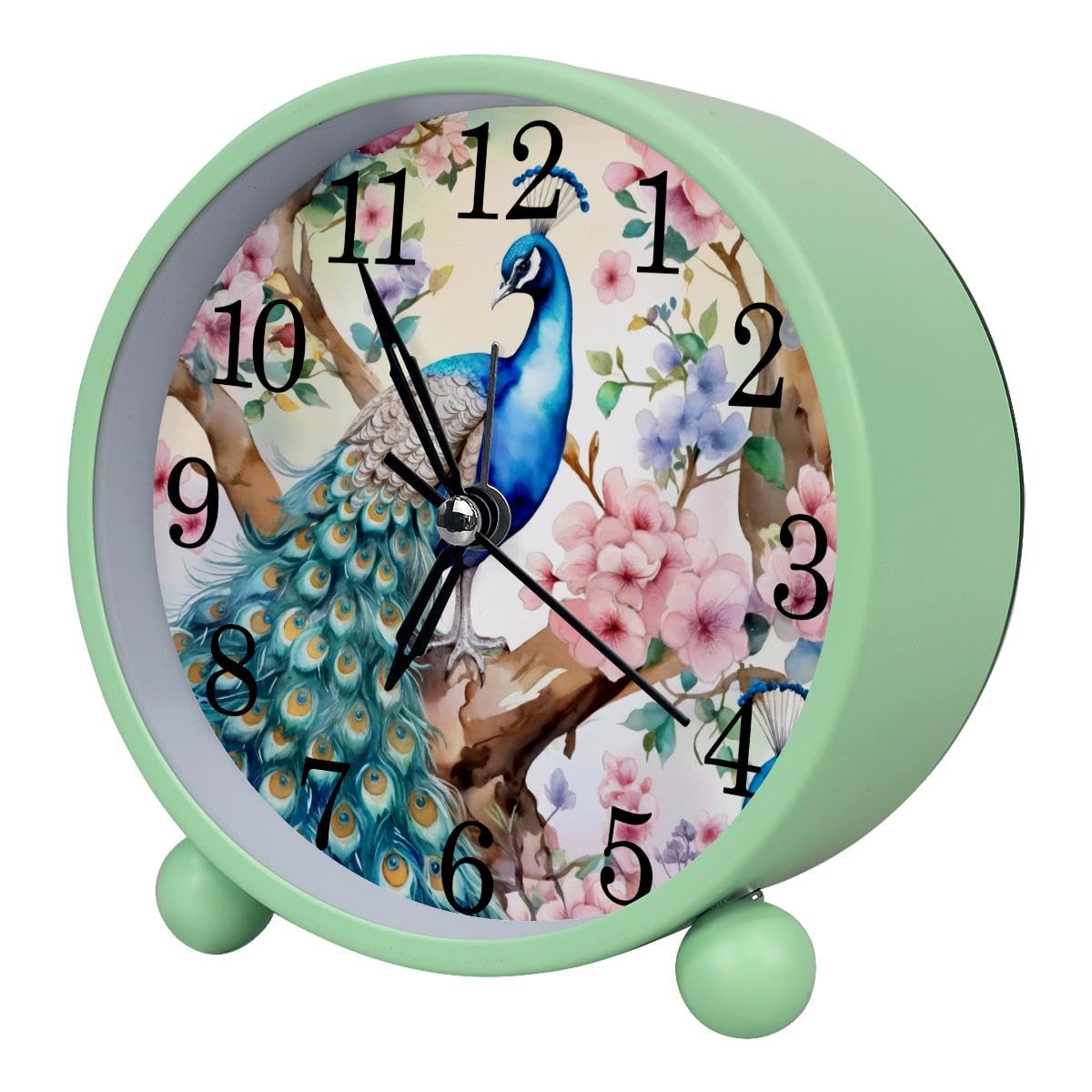 Alarm Clock Peacock Cherry Floral, Silent Non-Ticking with Night Light