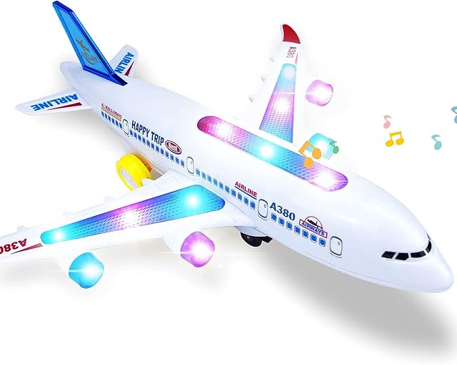 Hymaz Airplane Toys for 3 4 5 6 8 Year Old Boy Girls - Electric Aeroplane Toy Plane with Flashing Led Lights & Sounds, Bump and Go Toy Airplane Perfect for Toddler Birthday, Airbus A380