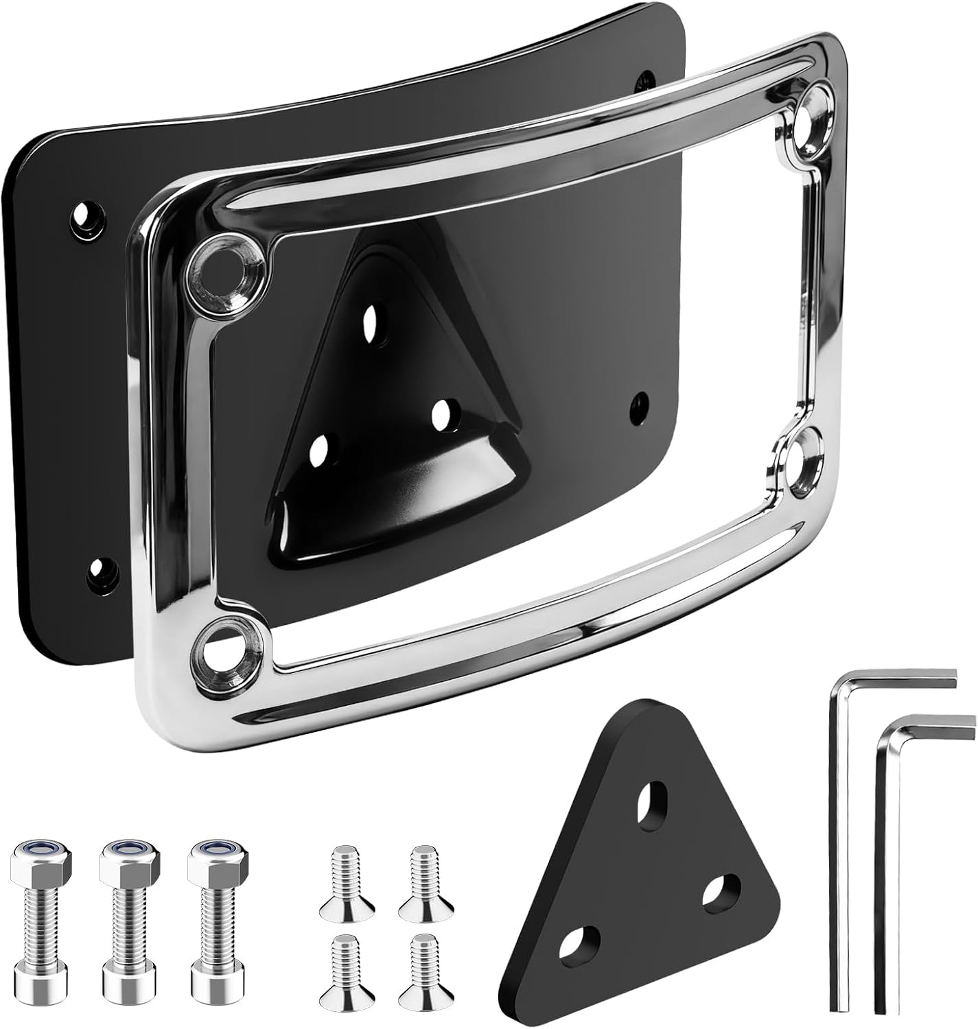 3148 Chrome 3 Hole Curved Laydown License Plate Mount Bracket w/Frame, Fit for All Harley Davidson Model w/Standard 3-Bolt Mounted License Plate Bracket, 02-08 VTX1800R/S/T, 03-09 VTX1300R/S/T