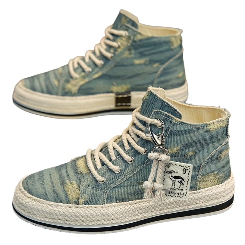 Breathable High Top Skate Shoes - Men's Distressed Denim Lace-up Sneakers with Good Grip