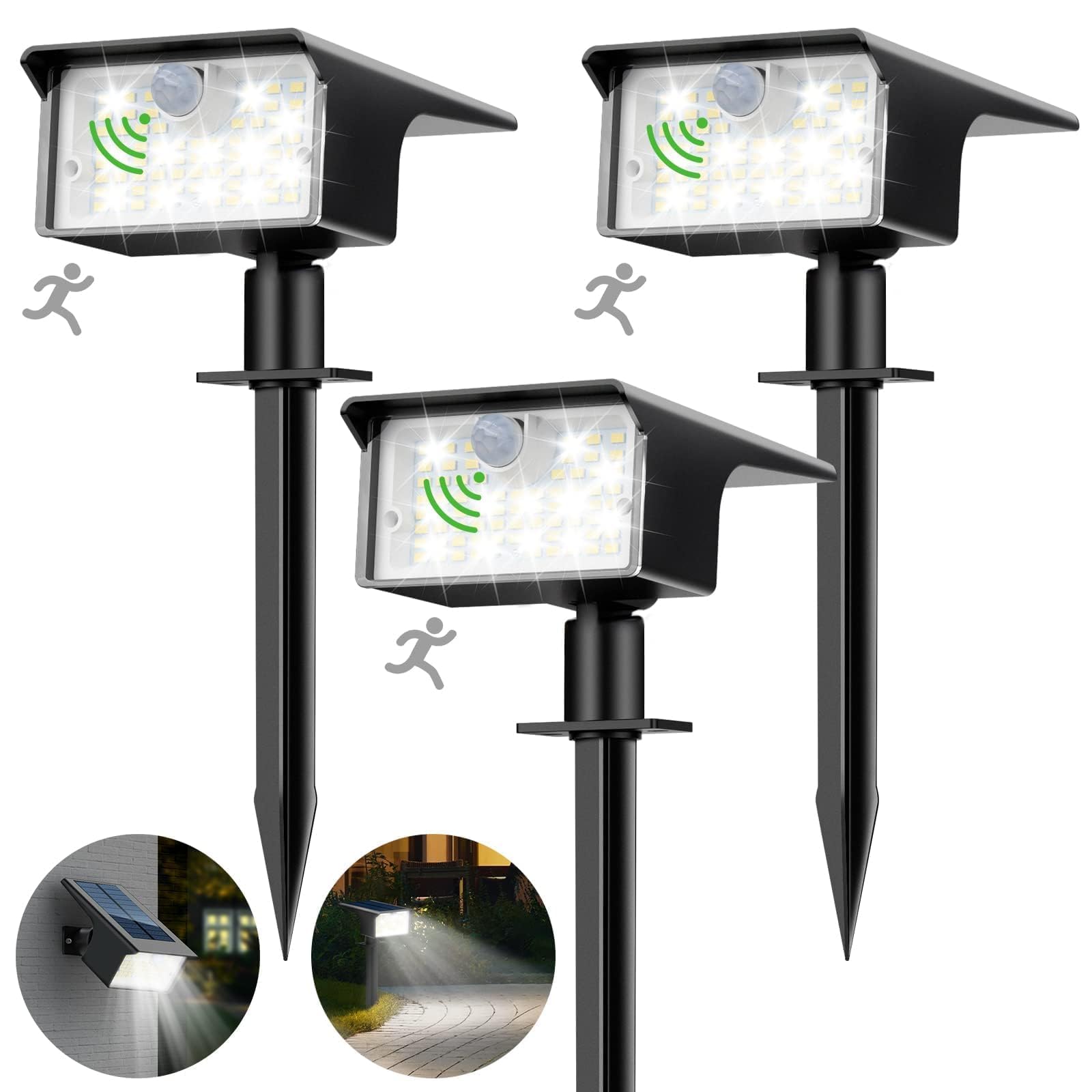nipify 3 Pezzi Faretti Solari a LED da Esterno con Sensore di Movimento 62LED 3 Modes Lampade da Giardino, IP65 Impermeabile Luci Lampioni per Cortile, Vialetto, Bianco Freddo