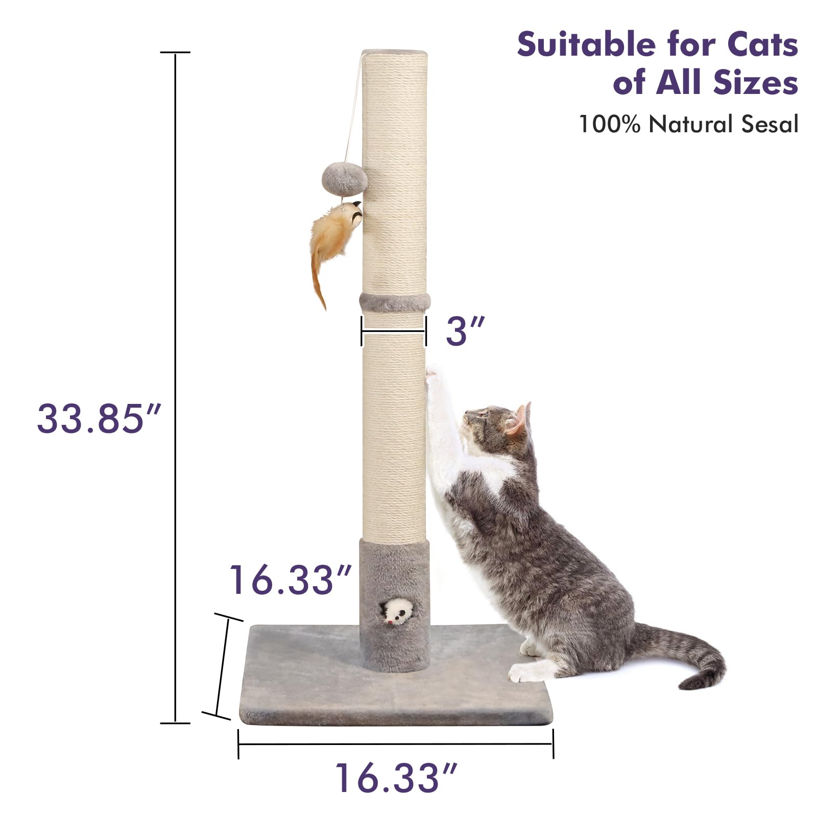 Woochpet 34‘’ Tall Cat Scratching Post with Premium Sisal Rope for Indoor Scratcher Post Tree for Indoor Cat Toy with Mouse Hole, Hanging Ball for Adult Cats and Kittens