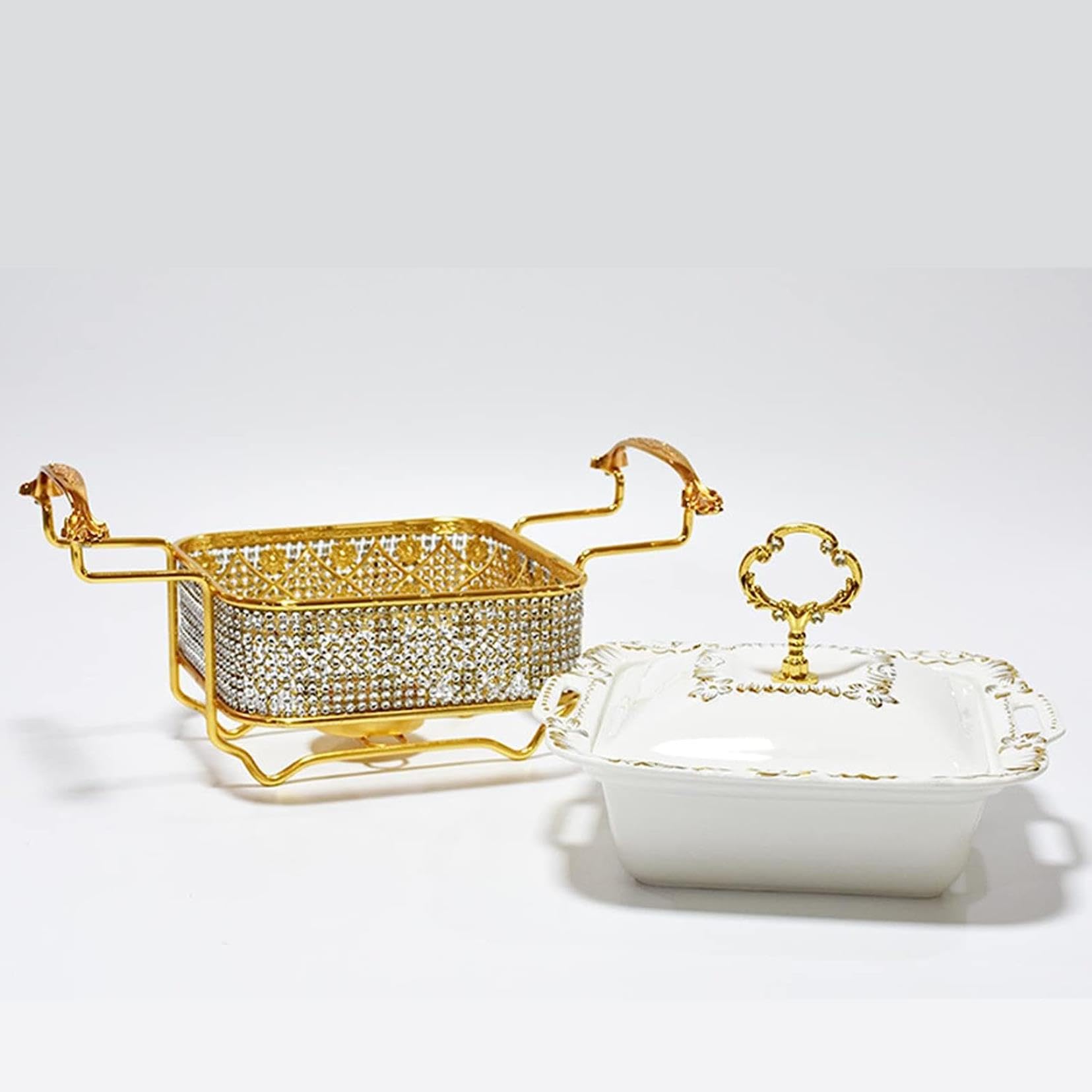 Servidor y Calentador de bufé para Catering - Juego de bufé con Placa calefactora de Acero Inoxidable, Calentador de Alimentos para Eventos con Tapa de Cristal y empotrable (Diamante Blanco,