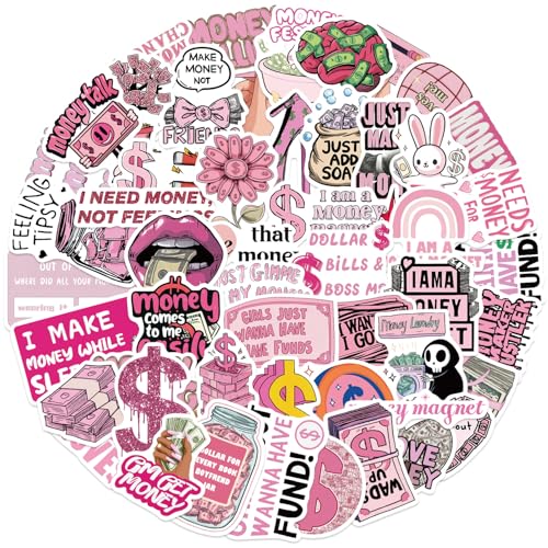 50Pcs Pink Money Stickers Pack,Cute Gold Coin Decals for Laptops Trackpads Keyboards Backpacks Skateboards Luggage Water Bottles Scrapbooks Mirrors Notebooks Journals Cars Bumpers.
