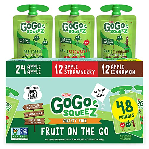 Image of GoGo squeeZ Fruit on the Go Variety Pack, Apple Apple, Apple Strawberry & Apple Cinnamon, 3.2 oz. (48 Pouches) - Tasty Kids Applesauce Snacks - Gluten Free Snacks for Kids - Nut & Dairy Free - Vegan Snacks