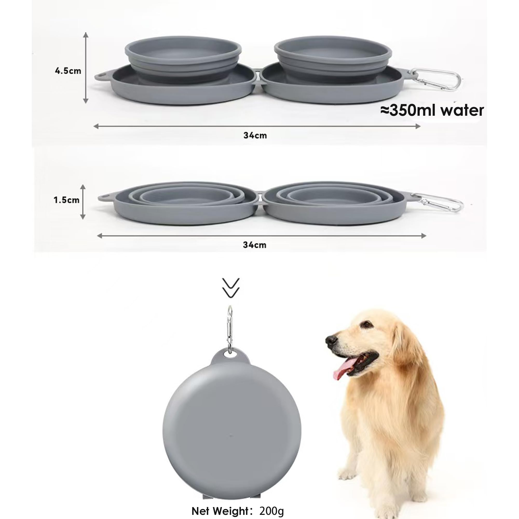 Double gamelle pliable pour chien et chat, 2 en 1 en silicone avec mousqueton, gamelle portable pour camping, randonnée, animaux de compagnie de petite et moyenne taille, gris foncé