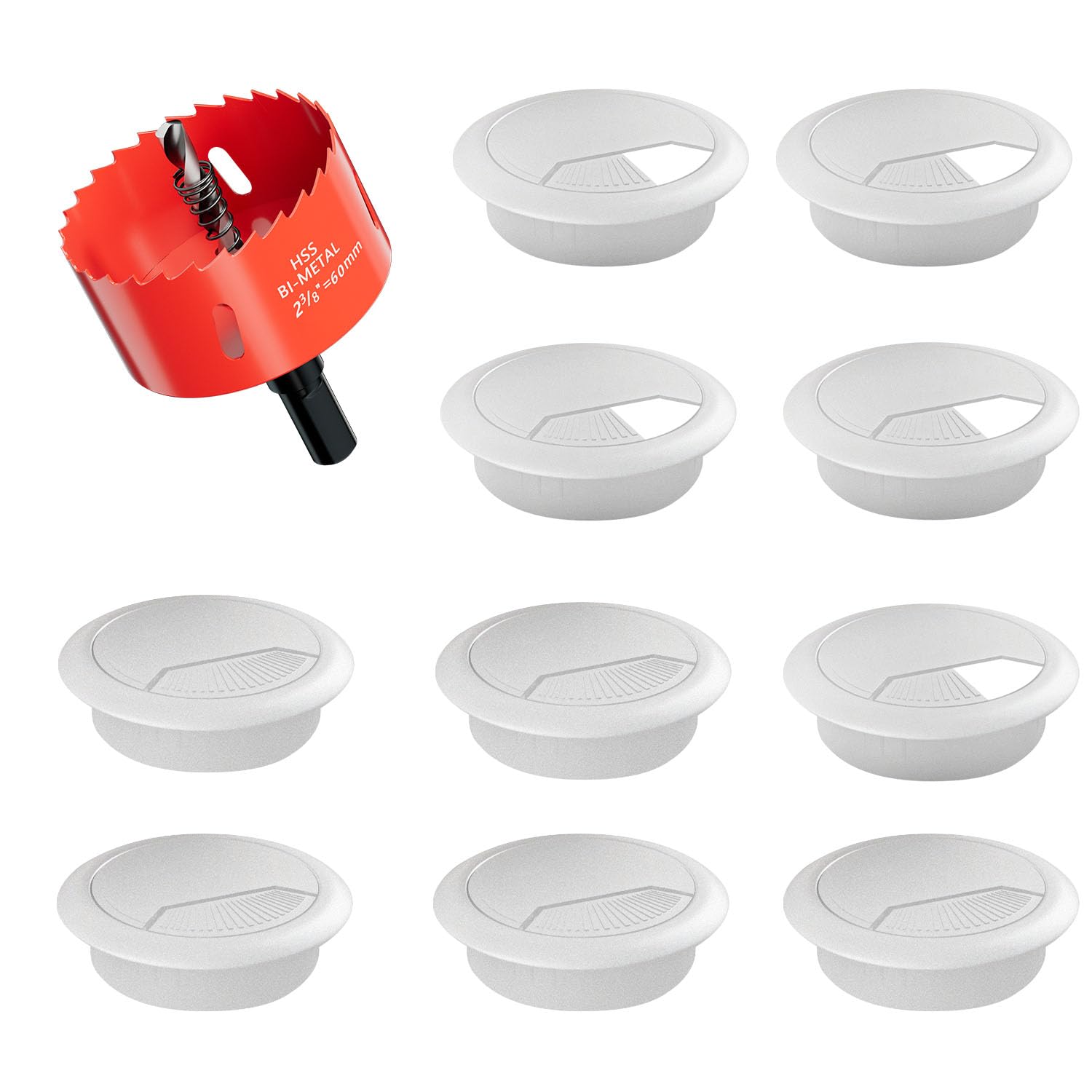 Lochsäge bohrkrone 60mm mit 10 Stück Kabeldurchführung Schreibtisch- Kabeldurchlass Kabelauslassdose Grau - Runde Kabeldurchführung für Tisch, Büro und Arbeitsplatten
