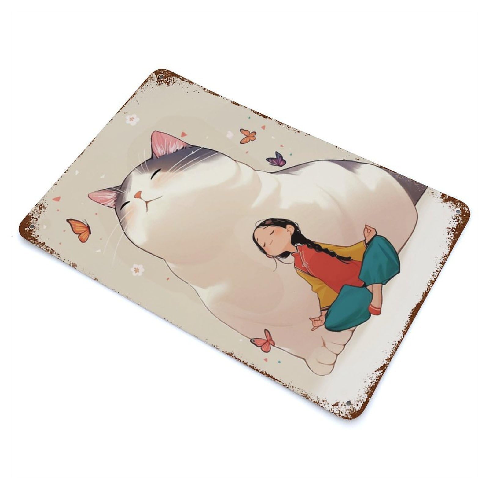 Garage Style Girl Meditating with Giant Cat Aged Metal Wall Plaque 11.8"x7.9", Farmhouse Wall Decor for Bar And Workshop