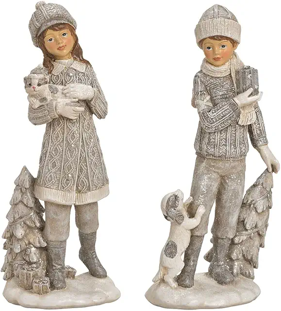 Winterkinder Deko-Figuren 2er Set mit Hund & Katze - Weihnachtsdekoration
