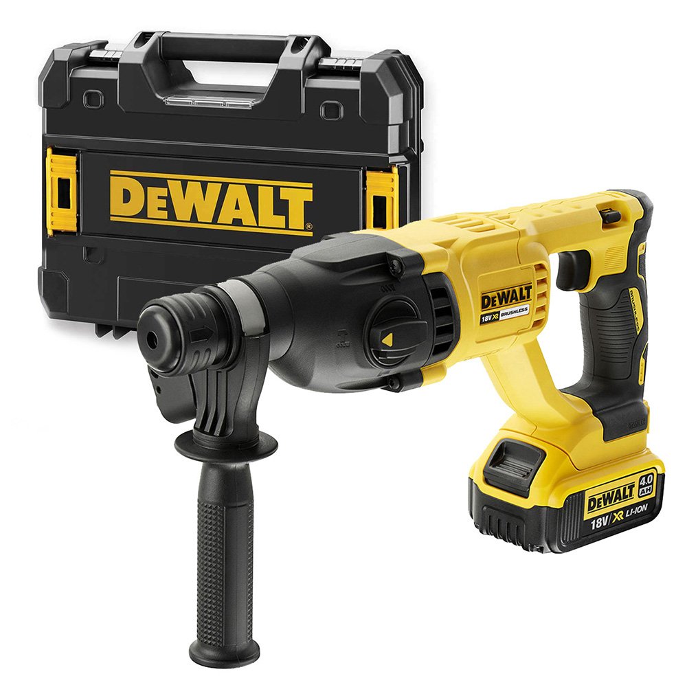 DEWALT Martillo Electroneumático sin Escobillas XR 18V SDS-​Plus, 3 Modos, 2.6J, 1550rpm, Incluye Maletín TSTAK, Batería 4Ah y Cargador, Diámetro Máx. de Perforación 26mm, DCH133M1-​QW