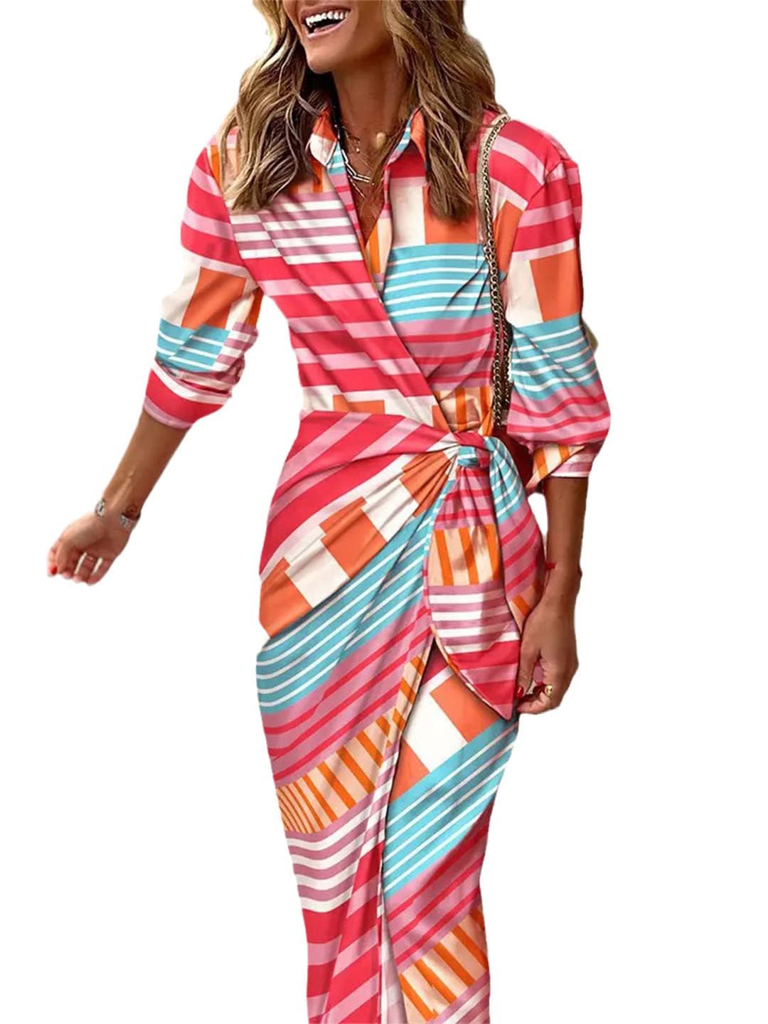 Generisch Frauen Casual Sommer Sundress V-Ausschnitt 3/4 Ärmel Frauen Taille Schnürung-up Split Abend Cocktail Lange Sexy Formal Flowy Kleid