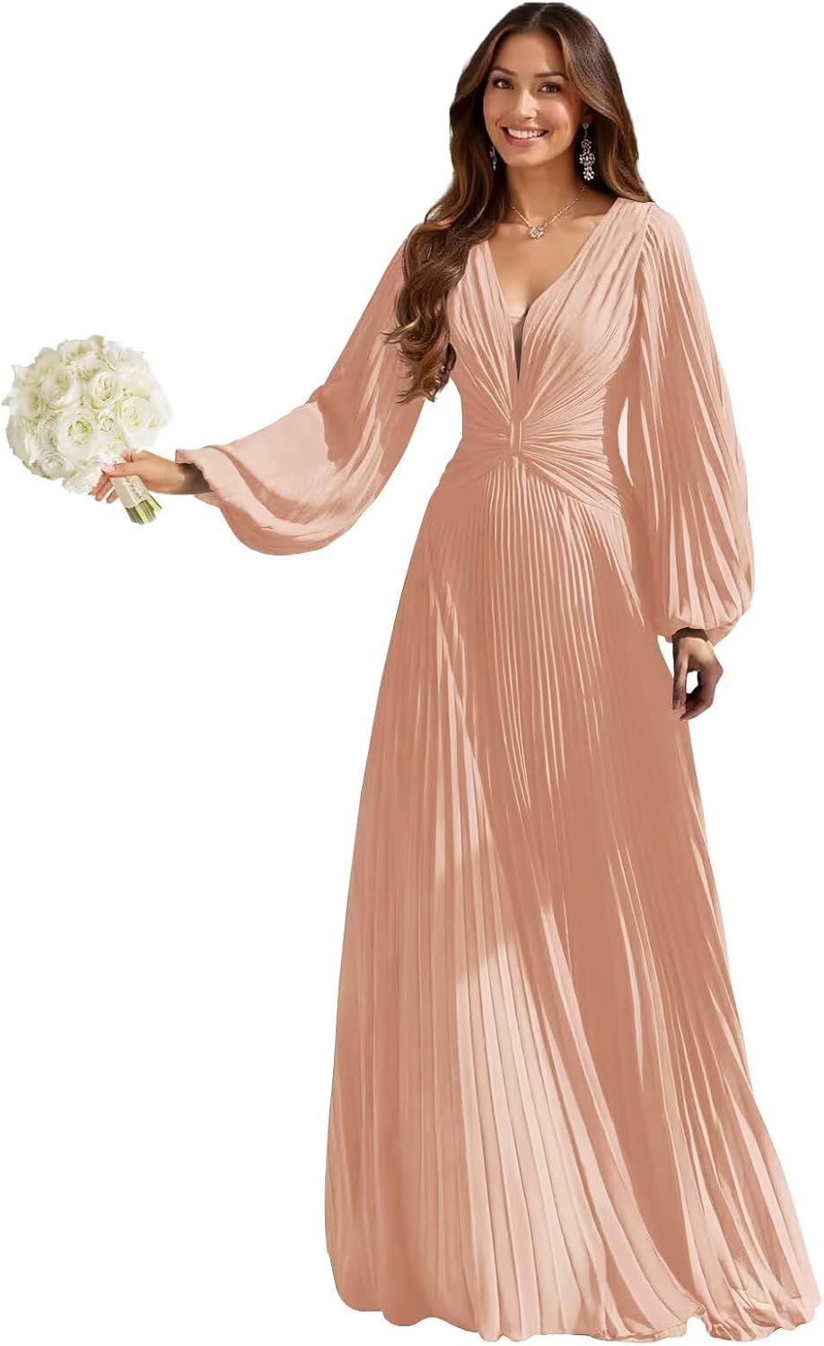 Long Sleeve Chiffon Bridesmaid Dresses for Women Long A Line Pleated V Neck Formal Evening Dress