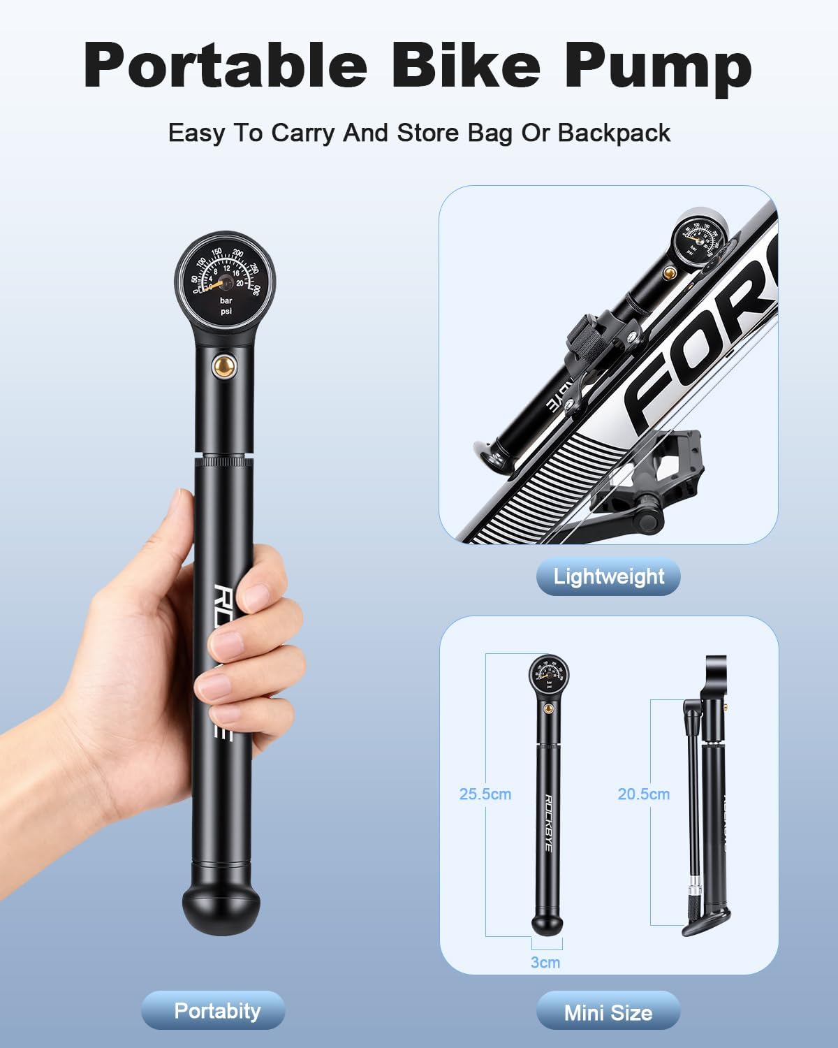 Shock Pump for Bike,Portable Frame Pump with 300PSI,High Pressure Bike Air Fork/Shock Pump,Mini Pump Fits Presta & Schrader Valve