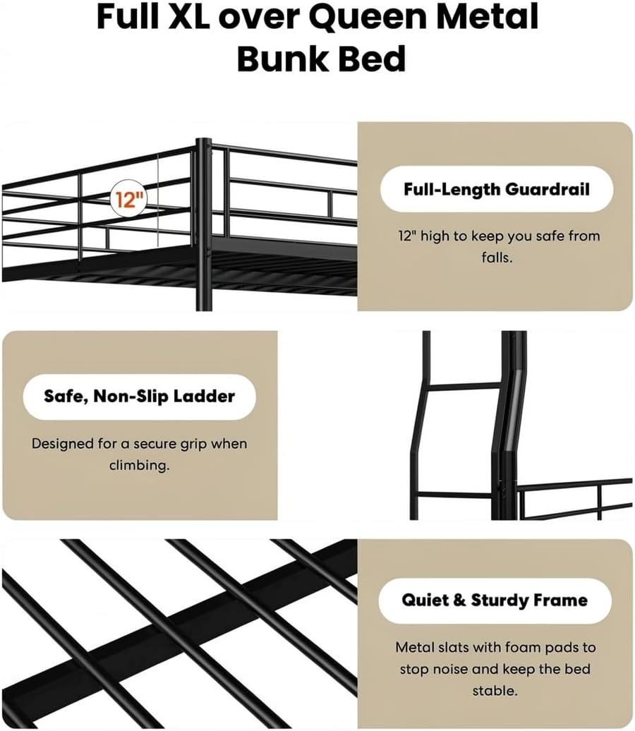 Miscoos Full XL Over Queen Bunk Bed with Trundle, Heavy-Duty Queen Bunk Bed with with Safety Ladder and Full-Length Guardrail, Convertible to 3 Beds for Teens and Adults, Black