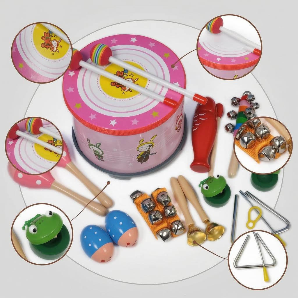 Strumenti Musicali in Legno Educativi per Bambini - Giocattoli Musicali per lo Sviluppo Sensoriale - gioco sensoriale , Tamburo coreano rosa 9 tipi