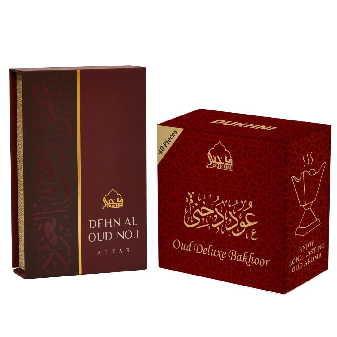 Dehn Al Oud Attar & Oud Bakhoor Deluxe by Dukhni | 6ml Arabic Perfume Oil for men & women | 40 pc Bukhoor Arabian Incense from Oudh Wood for charcoal, electric & candle burner | Islamic, Eid gifts