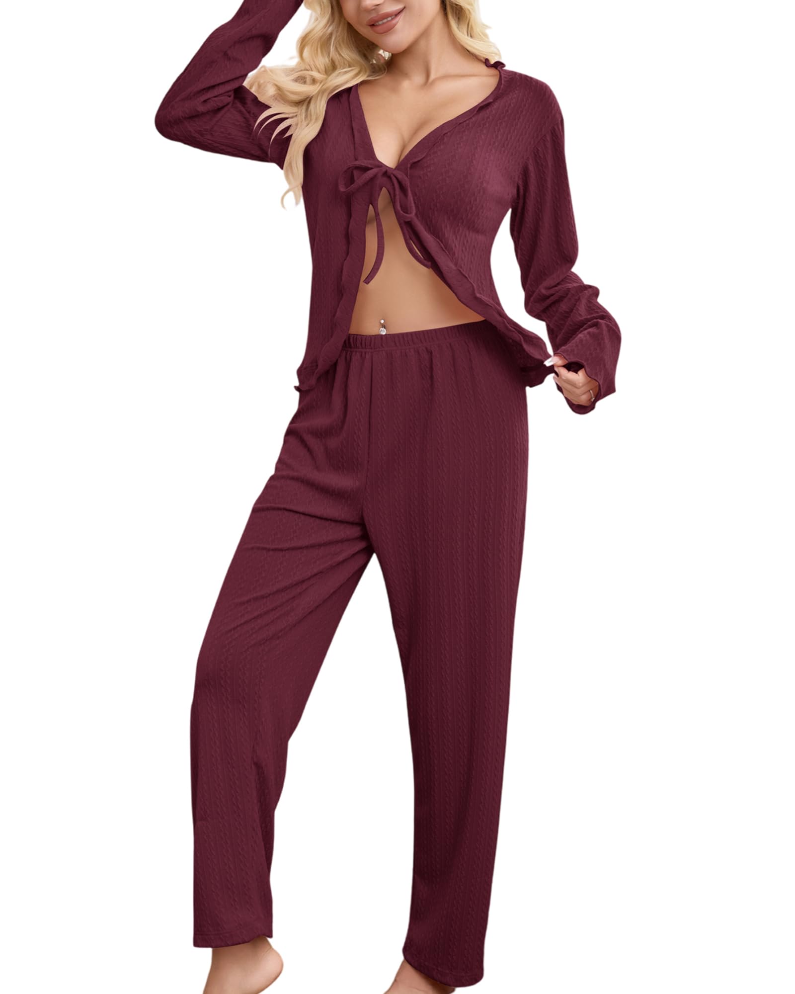 Pajamigols Women's Pajama Sets 2 Piece Lounge Sets for Women Tie Front Top Loungewear Soft&Comfortable Sleepwear S-XL