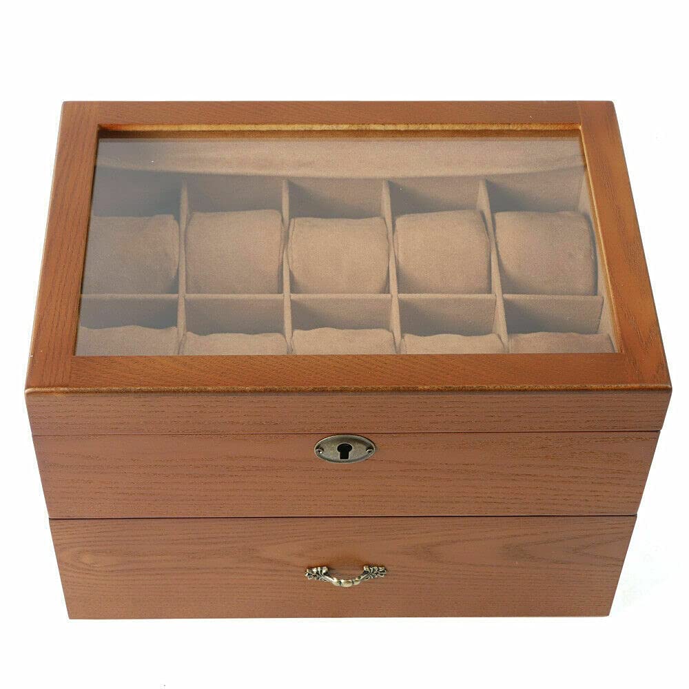 20 Slots 2-lagige Uhren Holz Uhrenbox Schmuckschrank Schmuckkoffer Glasdeckel mit Schublade und Schloss Schaufenster Safehappy