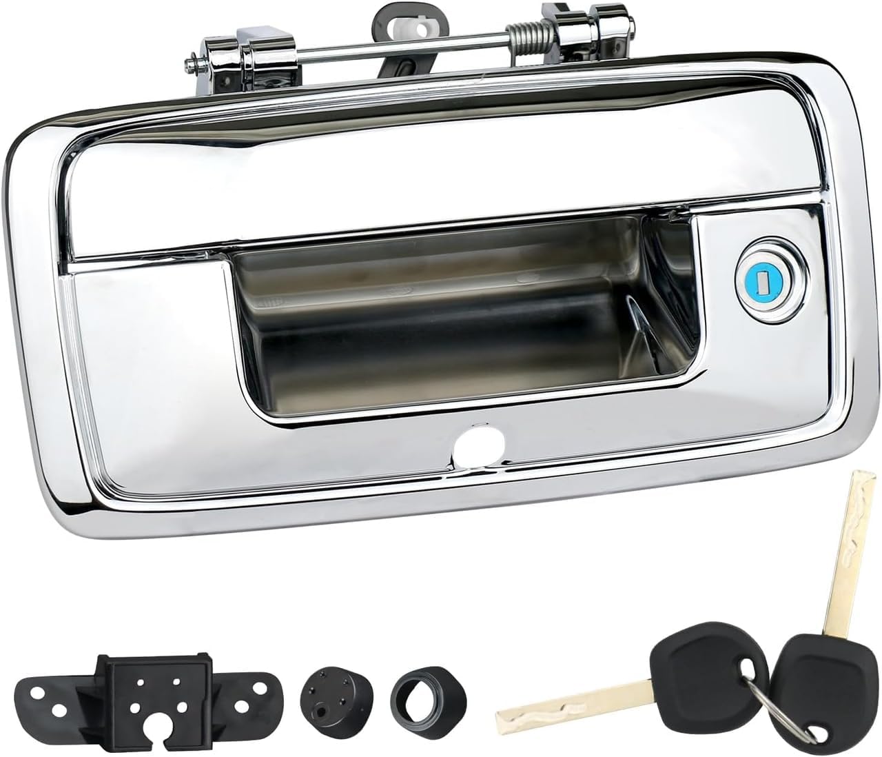 Chrome Tail Gate Handle w/ Lock Cylinder & Keys, Compatible with 2014-2015 Chevy Silverado & GMC Sierra 1500 2500 3500 HD, Exterior Rear Tailgate Liftgate Latch Kit with Key & Camera Hole, OE#23156952