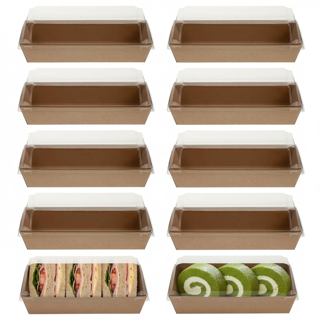Housoutil Kraft Paper Sandwich Paper Boxes with Transparent Lids 10-Pack Rectangular Takeaway Containers for Sandwiches Cake Bread Snacks and Picnic Use