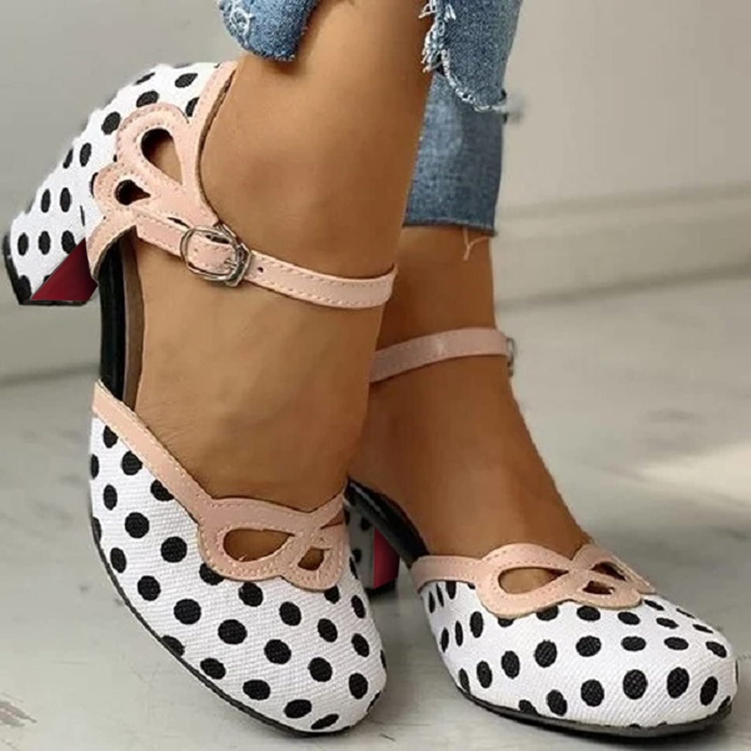 Hbeylia Women's Pump Ballet Flats Vintage Dot Round Toe Chunky High Heels Ankle Strap Dressy Shoes For Women Ladies Dress Wedding Banquet Evening Party