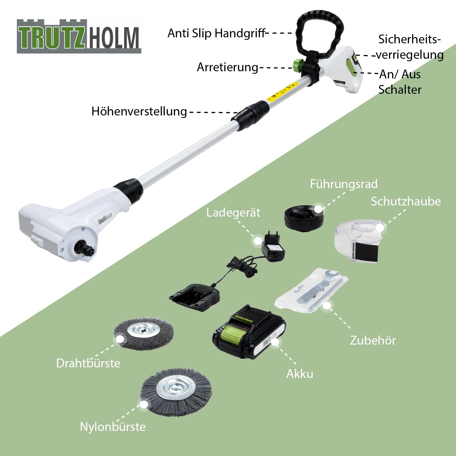 TRUTZHOLM Akku Fugenreiniger 20V inkl. 2x Akku 2.0Ah wechselbare Fugenbürsten Teleskopstiel