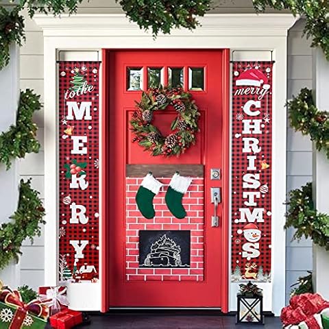 Christmas Porche Banner, NDLT Merry Chritmas Welcome Banner Decorations, Red Buffalo Plaid Xmas Porch Signs Set for Home Decoration, Hanging Decorations for Wall Front Door Outdoor (71"x12") Cover