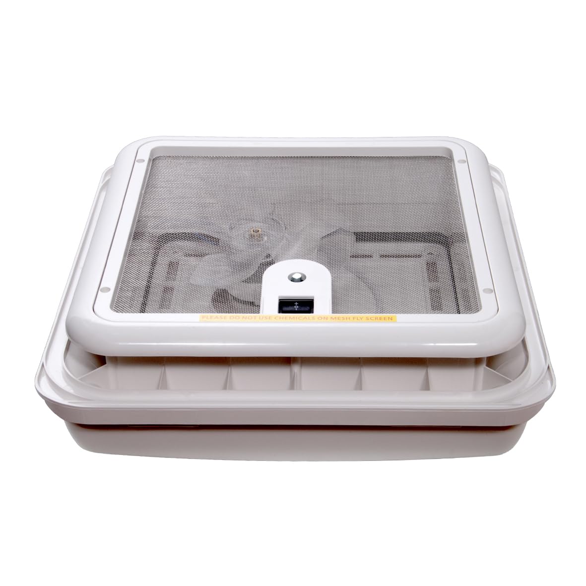 Claraboya de Techo para Autocaravana 12V con Ventilador y Motor, 43R Tapa Blanca 280 x 280 mm, Ventilación Compacta para Baño, Ducha, Camper, Caravana y RV