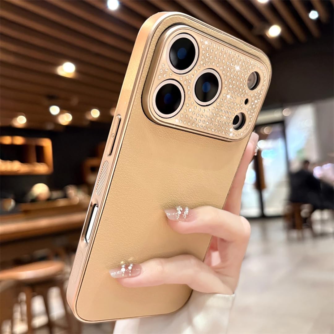 Coque iPhone 16 Pro luxe en cuir PU avec contour d'objectif strass doré chic