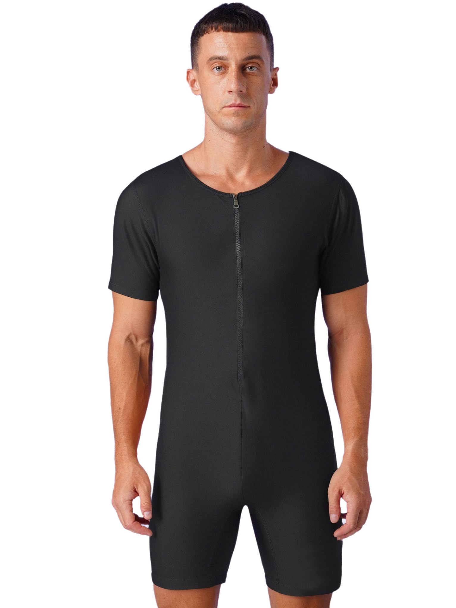 Mufeng Men's One Piece Jumpsuit Ultimate Sweat Sauna Suit Soild Color Zipper Round Neck Short Shapewear Black&Blue Large
