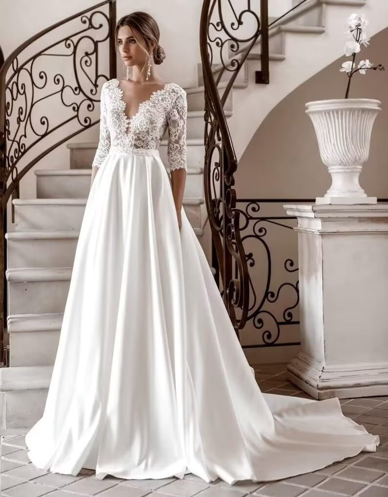 Satin Lace Wedding Dresses for Bride Long Sleeve Ball Gown Bridal Dress for Mountain Court Wedding