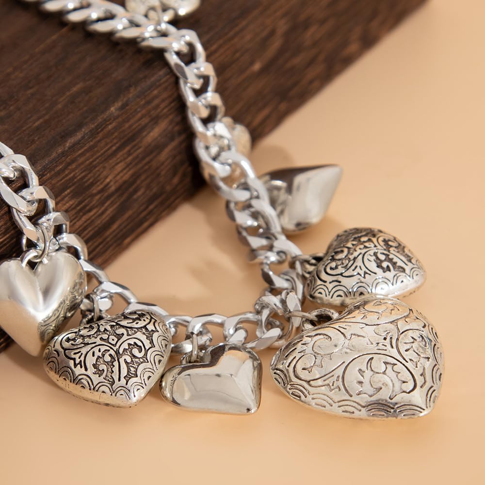 Puffy Heart Necklace for Women Chunky Punk Print Love Pendant Necklaces Exaggerated Multi Heart Ball Bead Cuban Clavicle Necklace Statement Jewelry Gift - Image 5